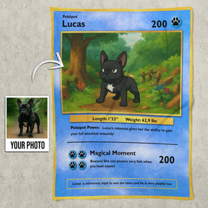 Custom photo pet blanket gift featuring a personalized Pokepet design with a dog illustration