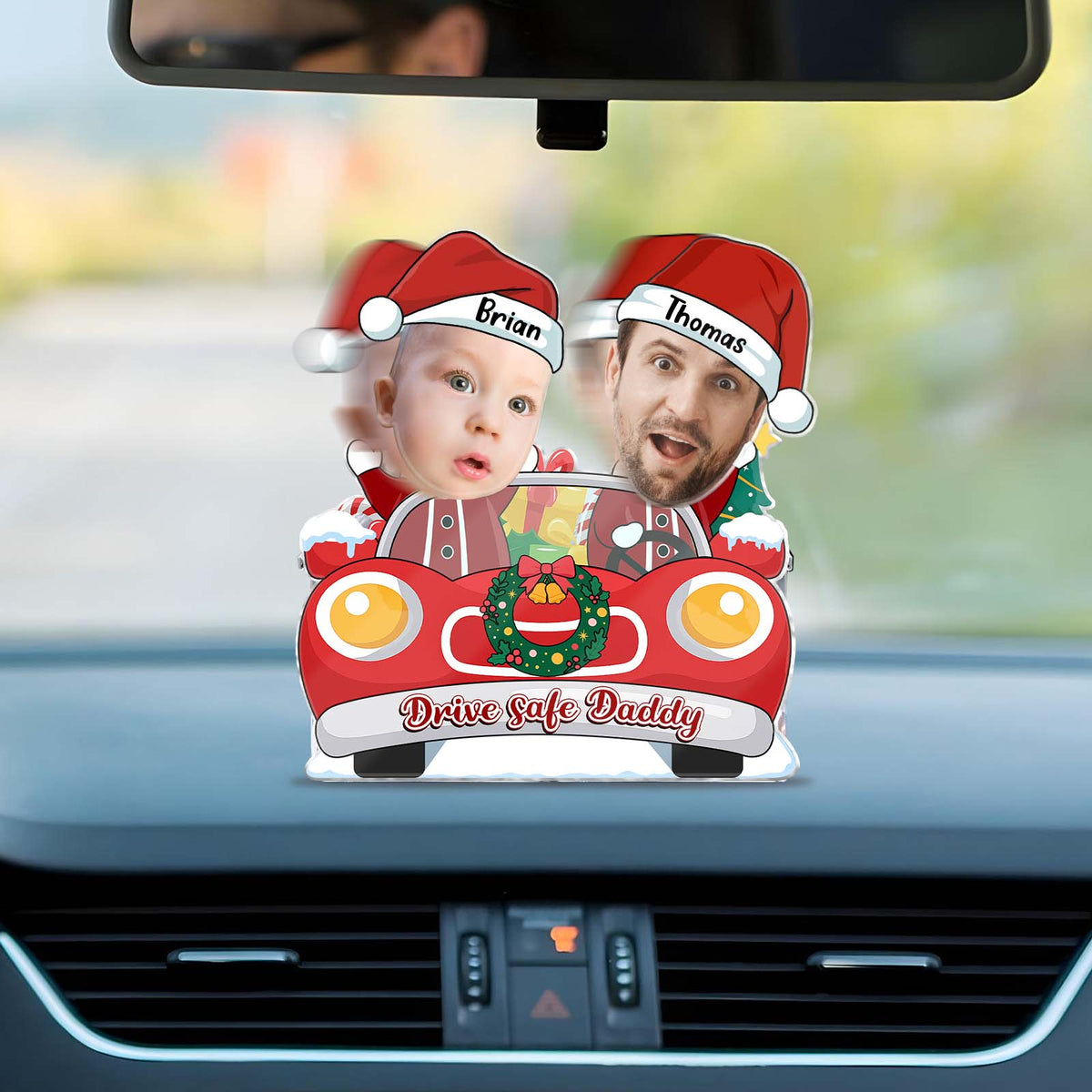 Custom photo shaking head standee featuring kids in Santa hats in a festive car decoration