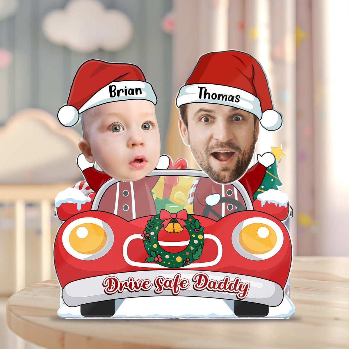 Custom photo shaking head standee featuring two characters in Christmas hats in a festive car