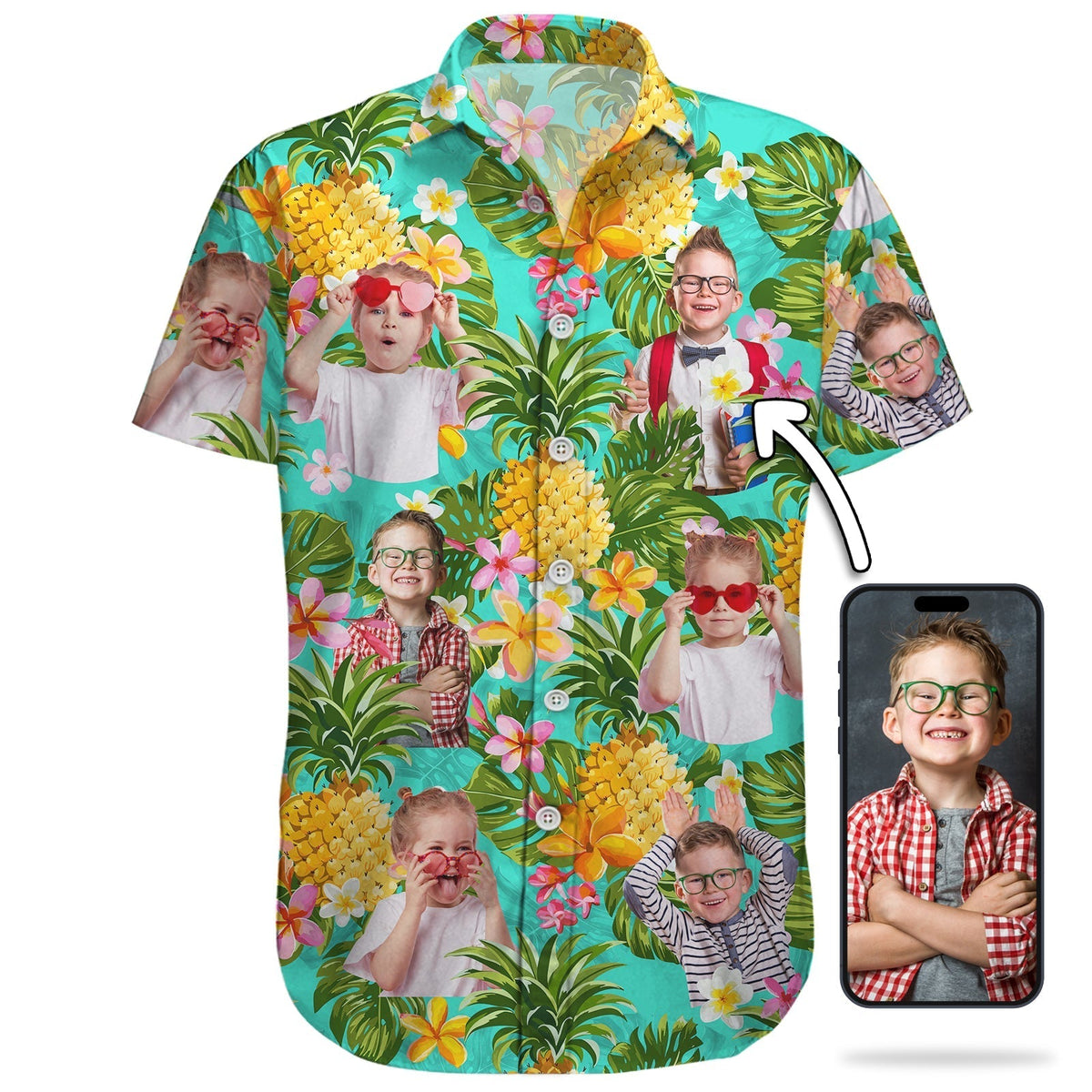 365Gifty custom pineapple linen shirt with vibrant tropical print and personalized child photos on aqua background