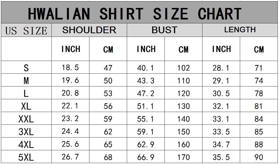Size chart for custom pineapple linen shirt showing measurements for shoulder bust and length in inches and centimeters