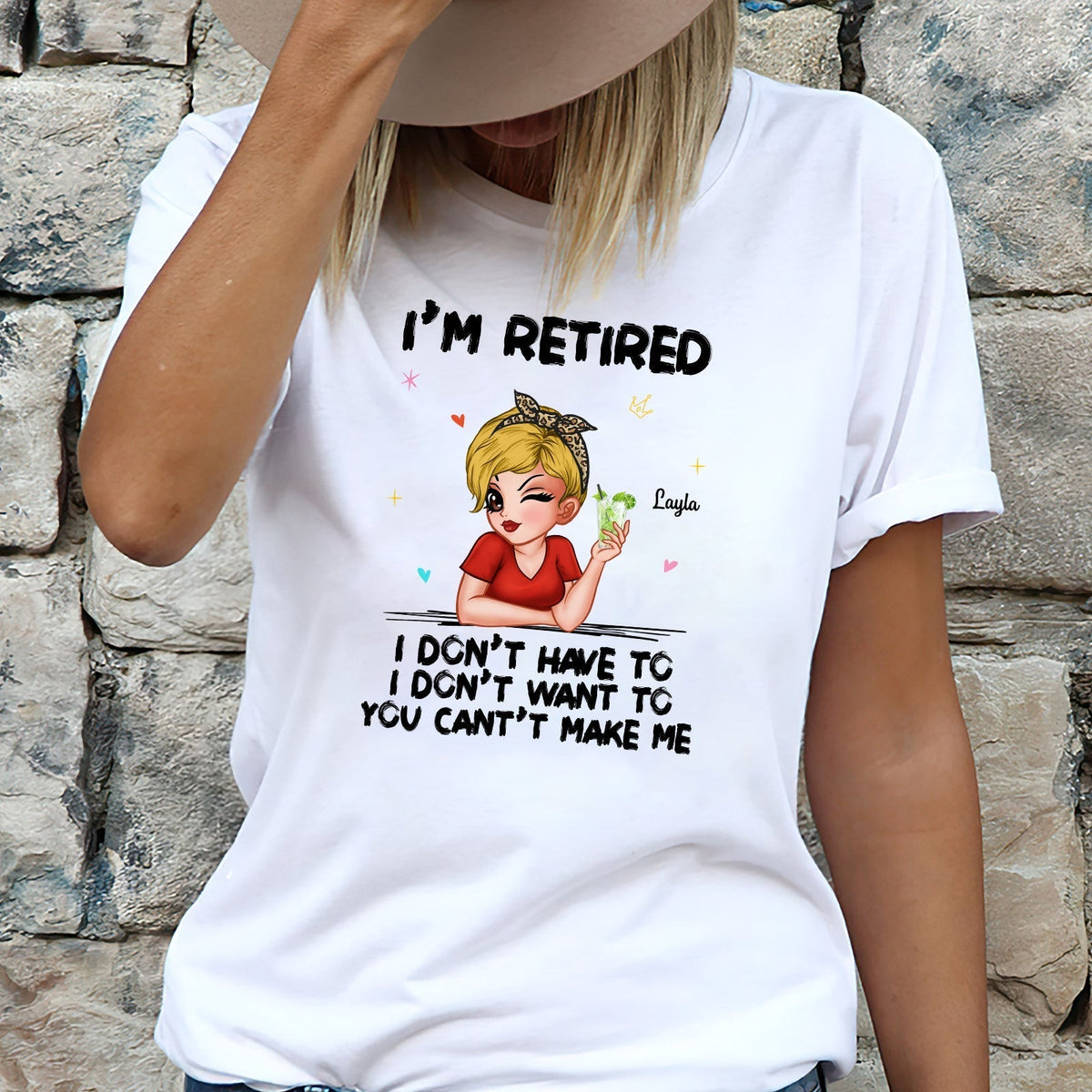 White t-shirt featuring custom retired gift for women with a cartoon woman and retirement quote