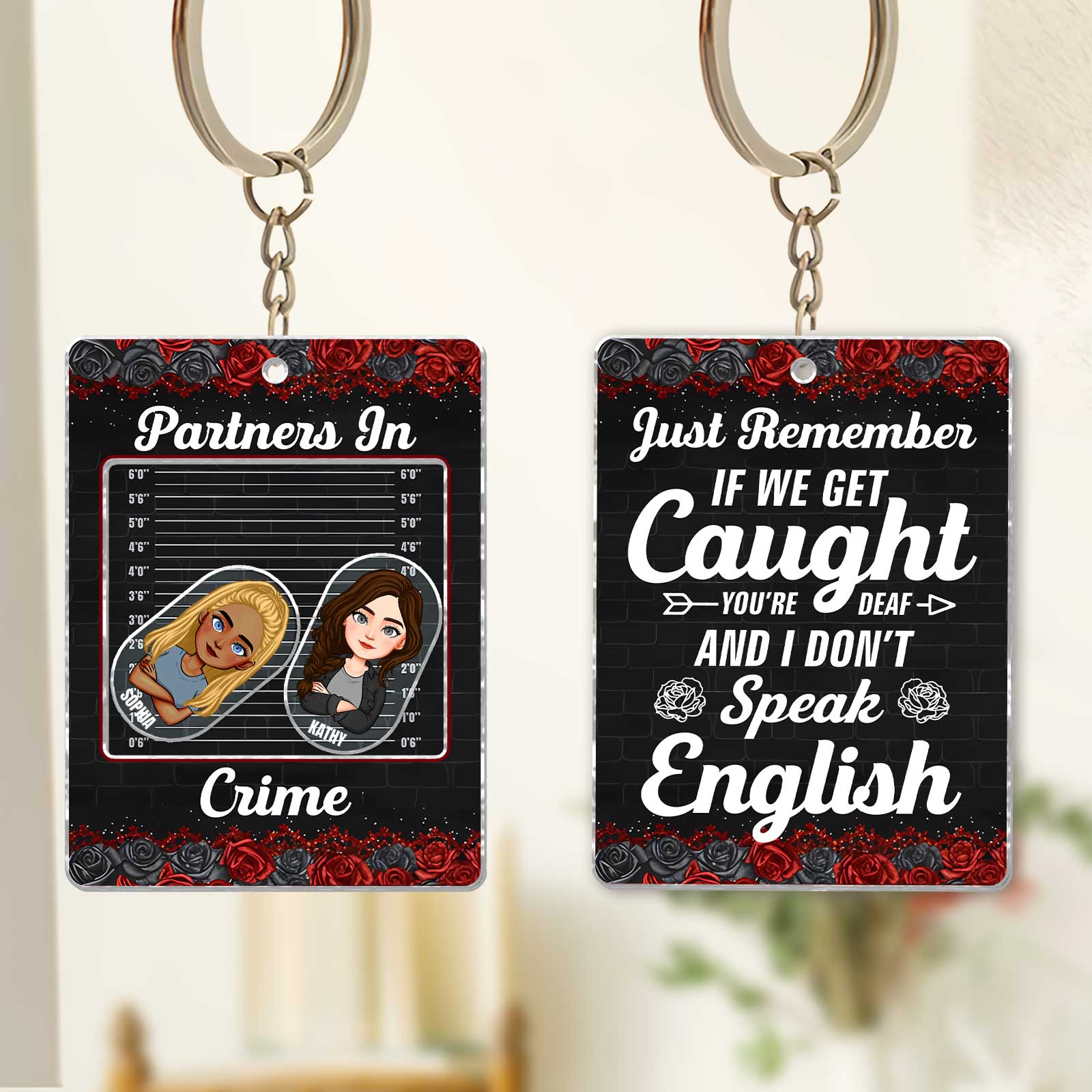 Custom shaking keychain for besties featuring funny crime themes and personalized designs
