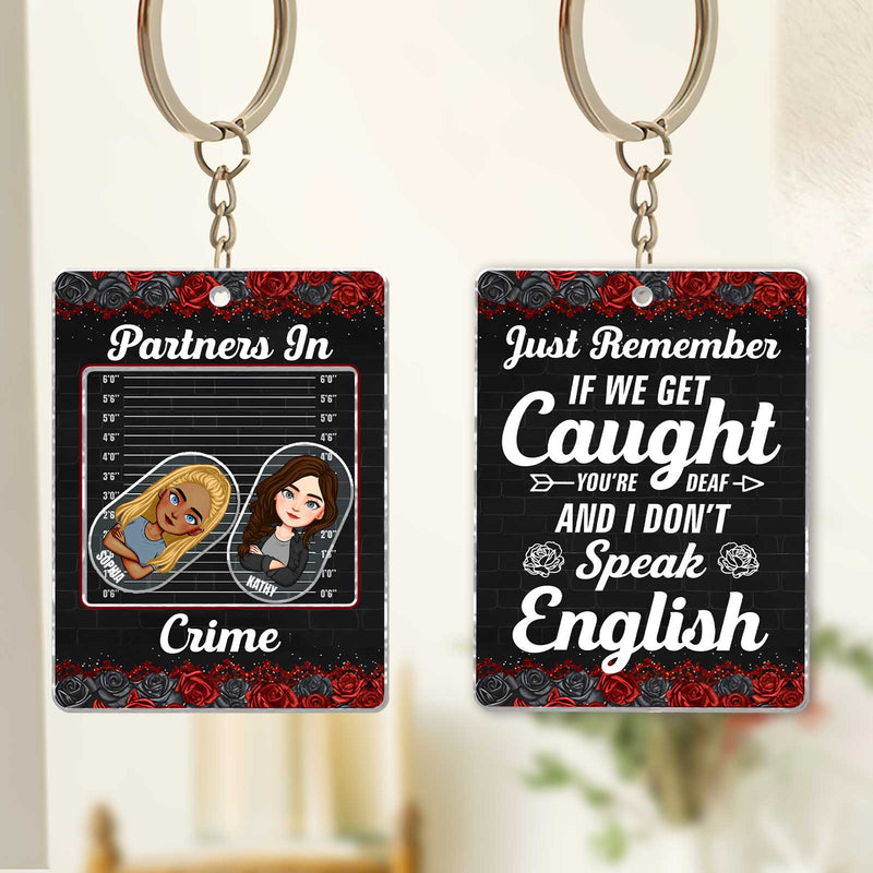 Custom shaking keychain for besties featuring funny crime themes and personalized designs