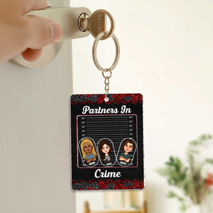 Custom shaking keychain for besties featuring personalized character designs and crime theme