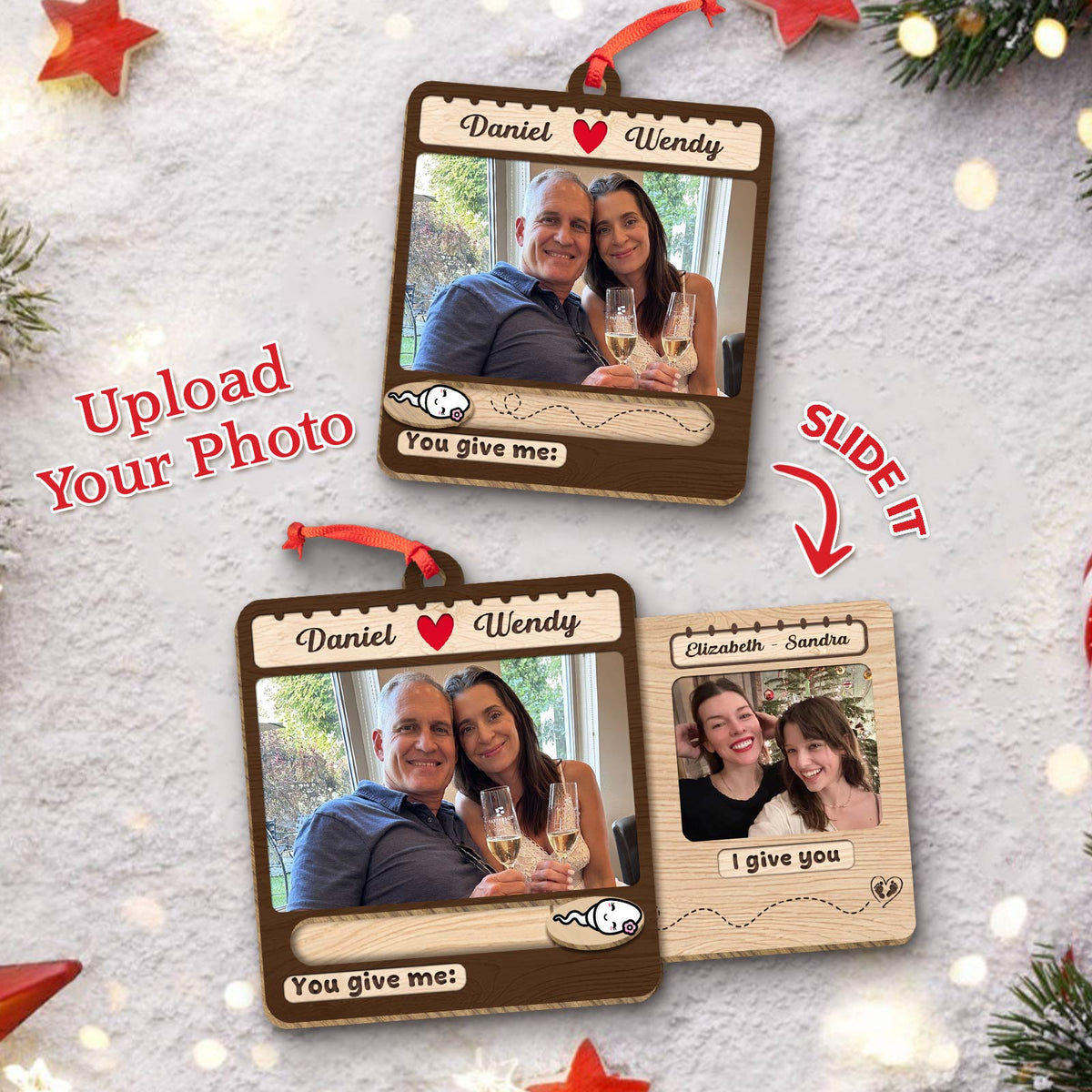 Custom slider photo ornament for family featuring two personalized photo slots and heart design