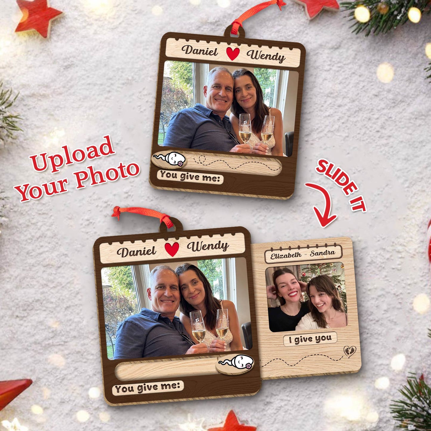 Custom slider photo ornament for family featuring two personalized photo slots and heart design
