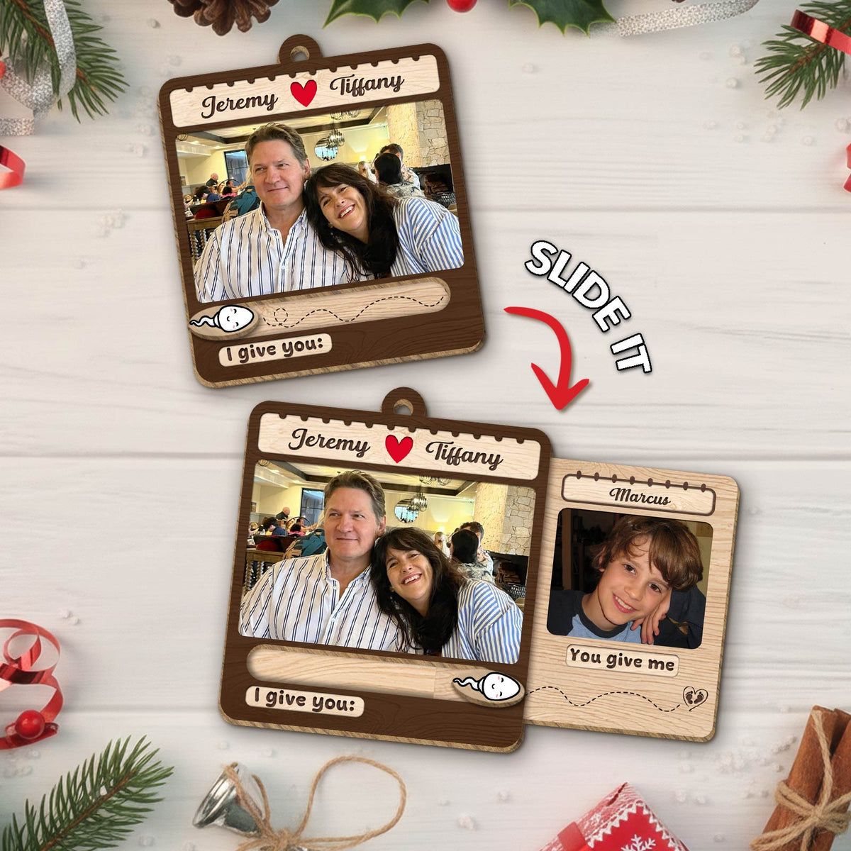 Custom slider photo ornament for family featuring two photos and personalized message sections