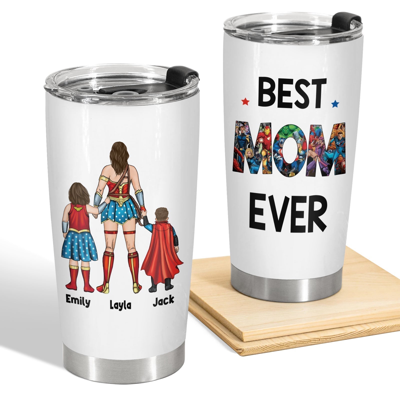 365Gifty custom superhero mom tumbler with Best Mom Ever text and personalized superhero family design