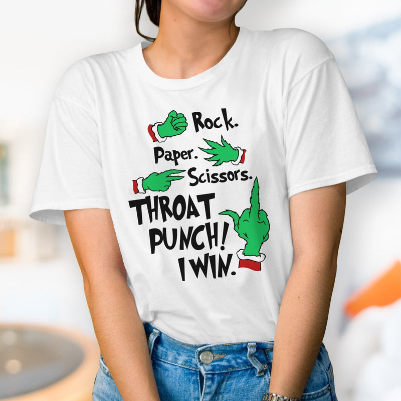 365Gifty custom throat punch Christmas tee with holiday-themed rock paper scissors graphic