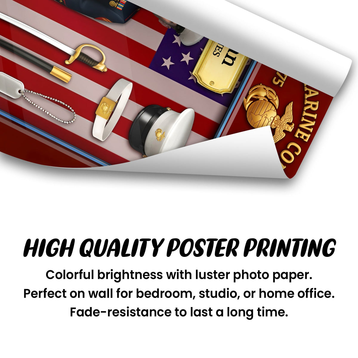 Custom US Marine Corps poster featuring military memorabilia on a vibrant background for home decor