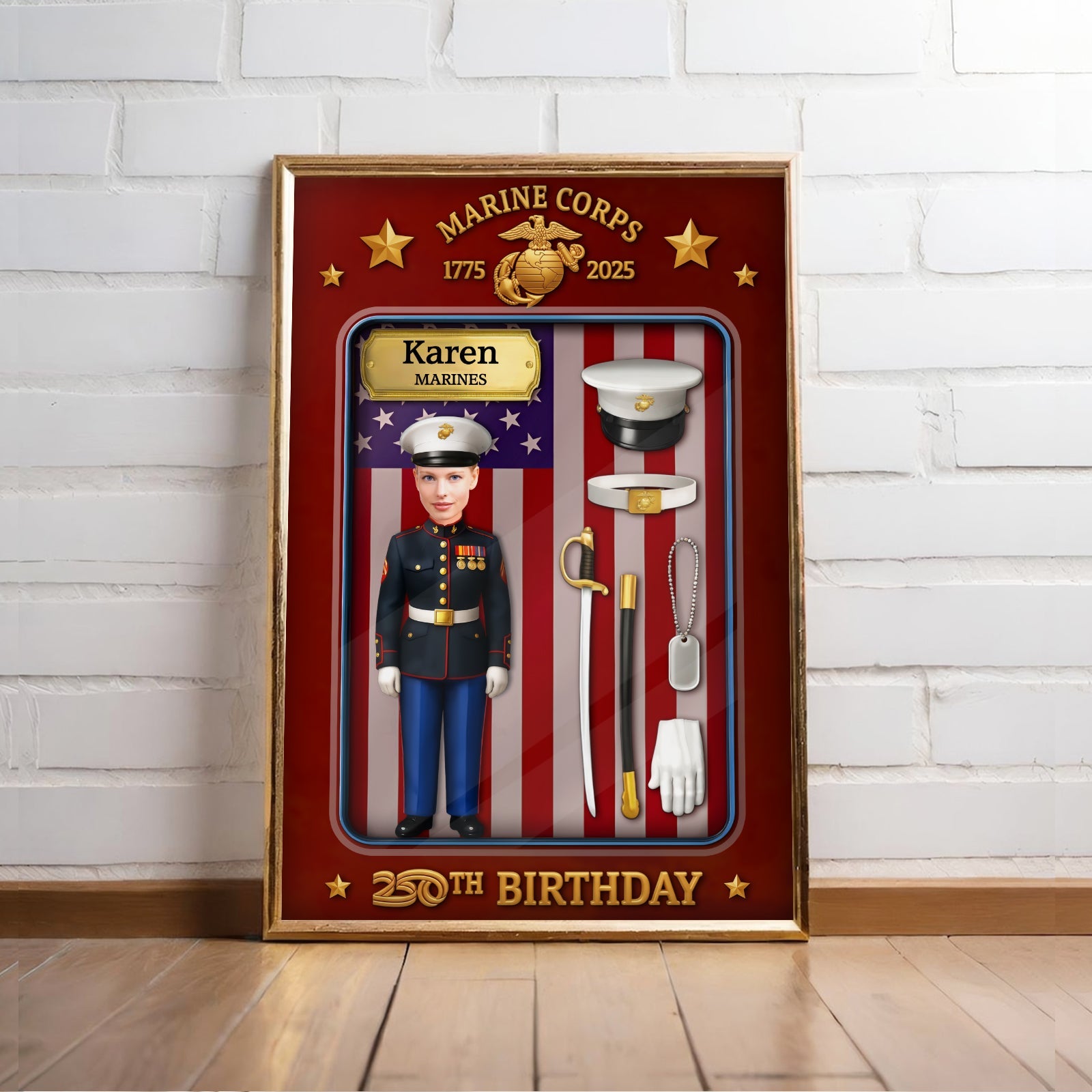 Custom US Marine Corps poster featuring a personalized figure and military accessories for a special birthday