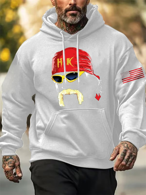 365Gifty white hoodie with custom wrestling fan apparel design featuring red bandana sunglasses and mustache