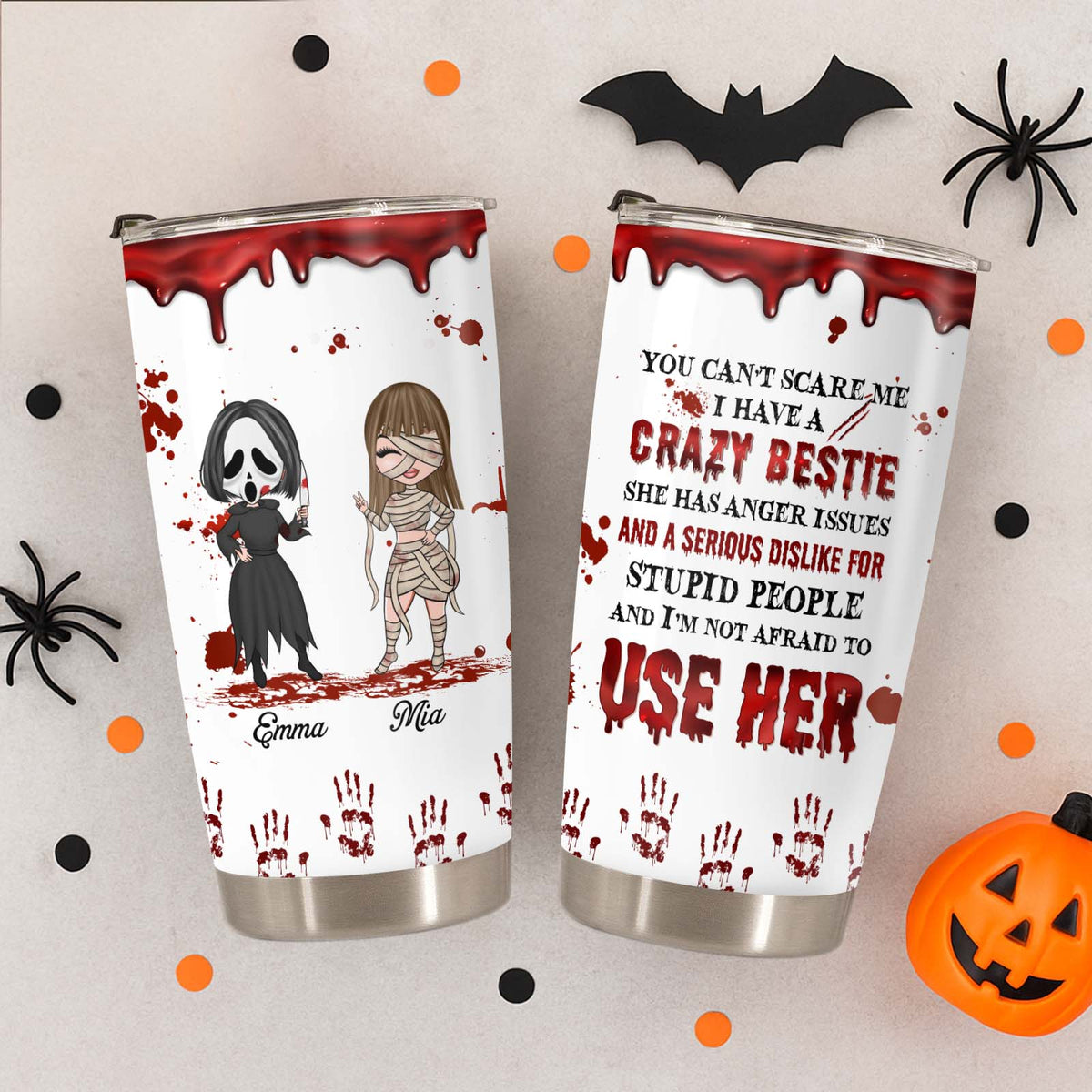 personalized halloween tumbler with bloody drip design two cartoon horror characters names Emma and Mia and scary quote