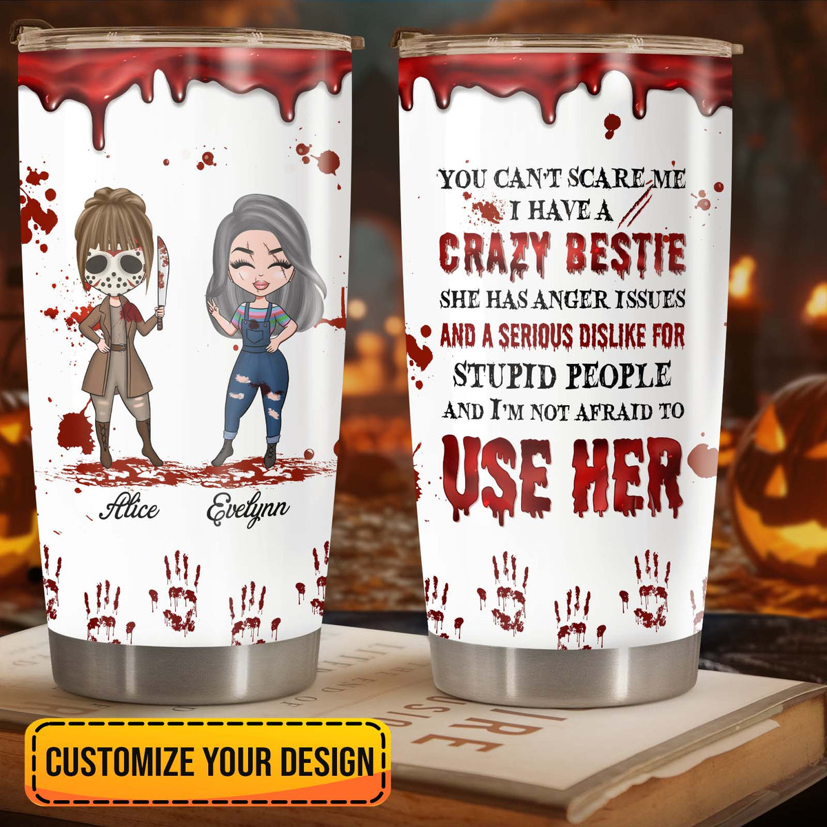 White ceramic mug with blue floral and butterfly sisters design and custom names by 365Gifty personalized halloween tumbler
