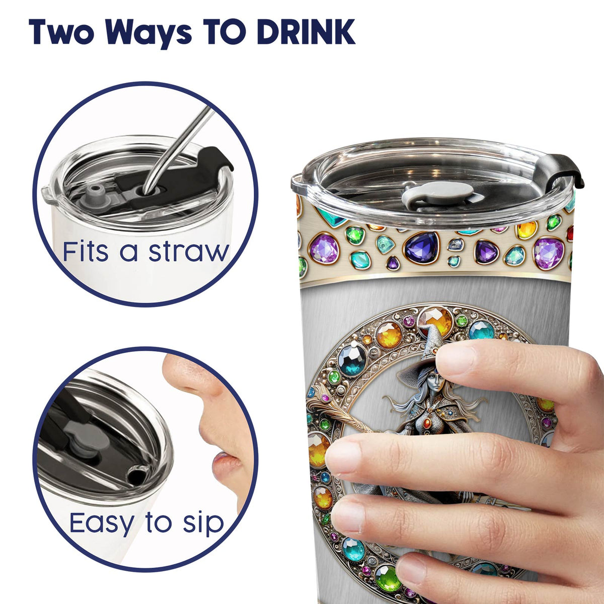 365Gifty personalized witch tumbler with jeweled design showing two ways to drink with straw or sip lid