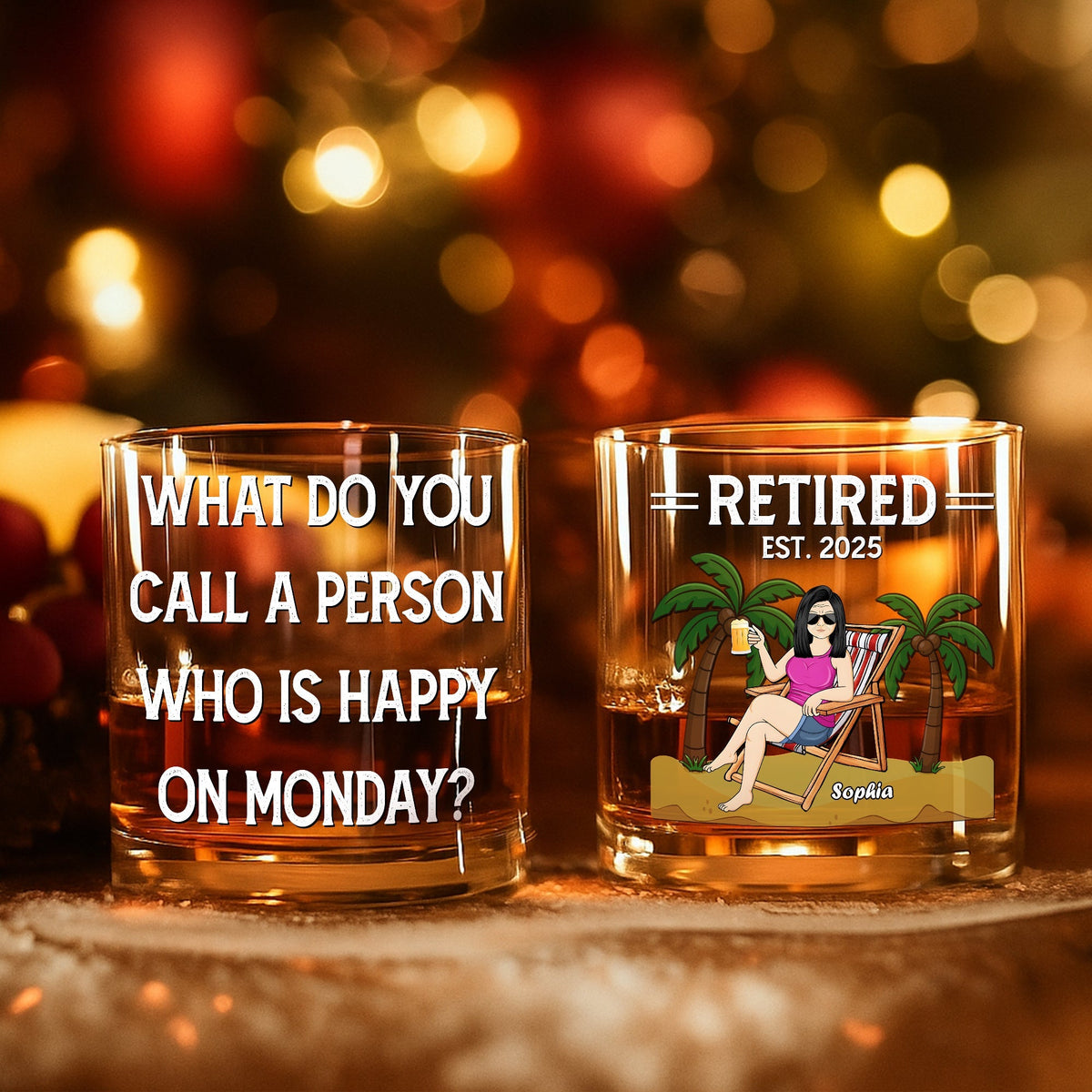 Two Personalized Whiskey Glass gift set with retirement cartoon est 2025 and funny Monday joke