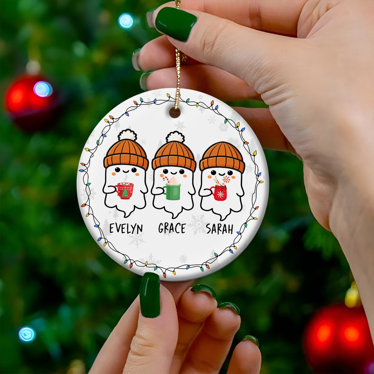 365Gifty personalized funny ghost Christmas ornament with three named ghosts in orange beanies