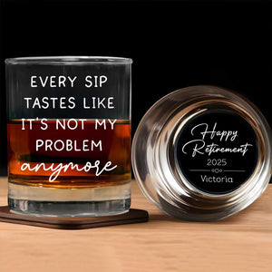 personalized retirement whiskey glass set showing one filled glass with humorous quote and one engraved Happy Retirement 2025 name