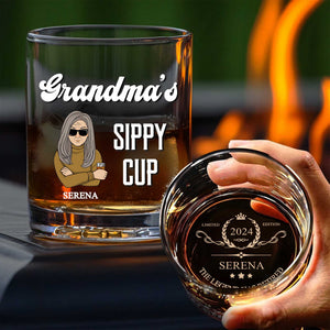 Personalized Whiskey Glass featuring Grandmas Sippy Cup cartoon design with Serena name and engraved 2024 bottom view