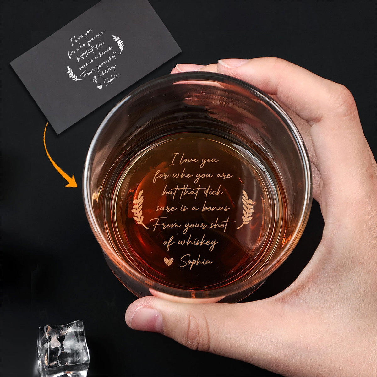 365Gifty Personalized Whiskey Glass top view with engraved handwritten message laurel leaves and custom name