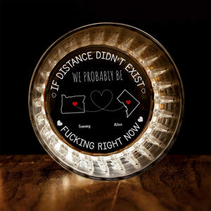 Personalized Whiskey Glass bottom view with engraved long distance design showing two state outlines, hearts and custom names