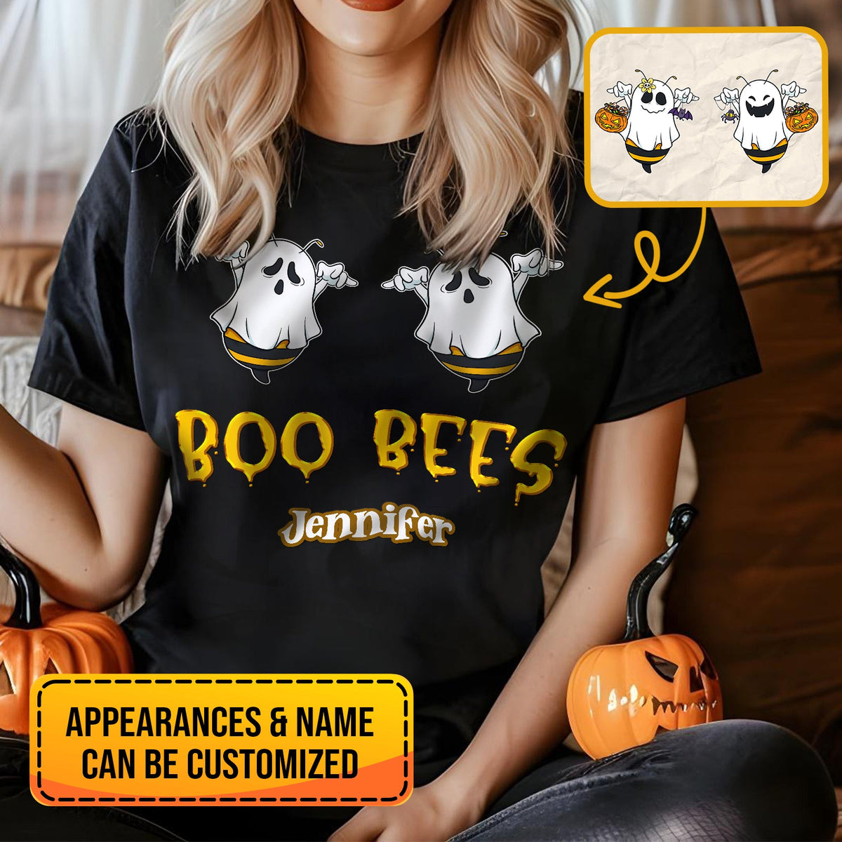Personalized Halloween t-shirt for women with customizable ghost bee design and name on black shirt