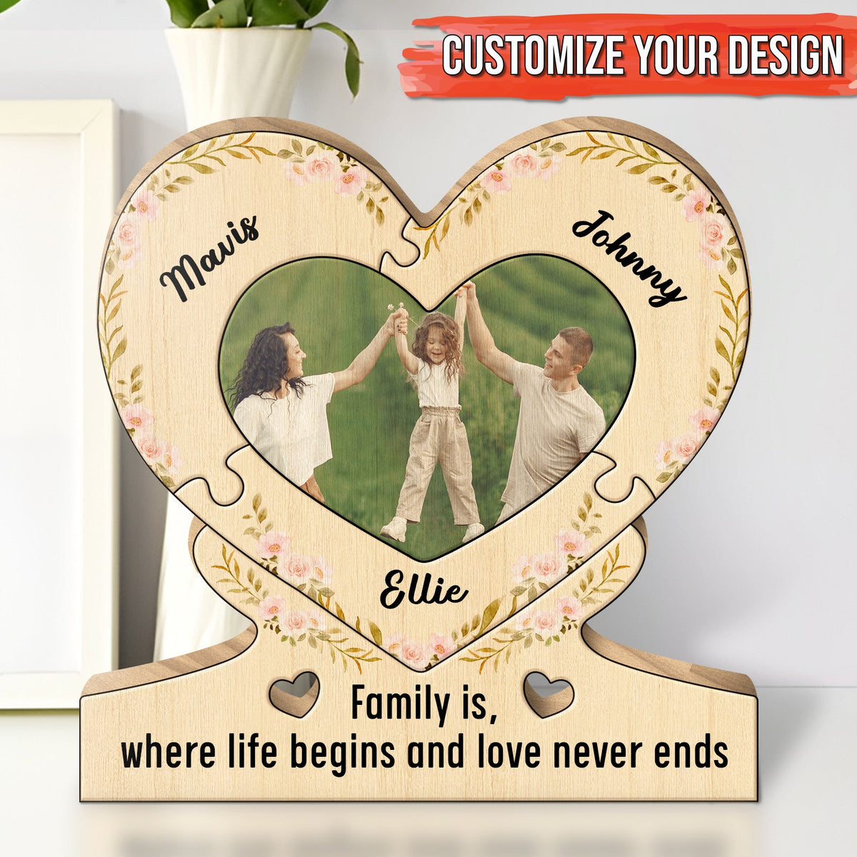 Heart-shaped wooden Puzzle For Family with custom names and photo of parents lifting child with love quote