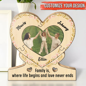 Heart-shaped wooden Puzzle For Family with custom names and photo of parents lifting child with love quote