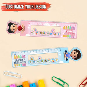 Personalized pink and blue Shaking Ruler For Kids with cartoon characters and classroom theme by 365Gifty