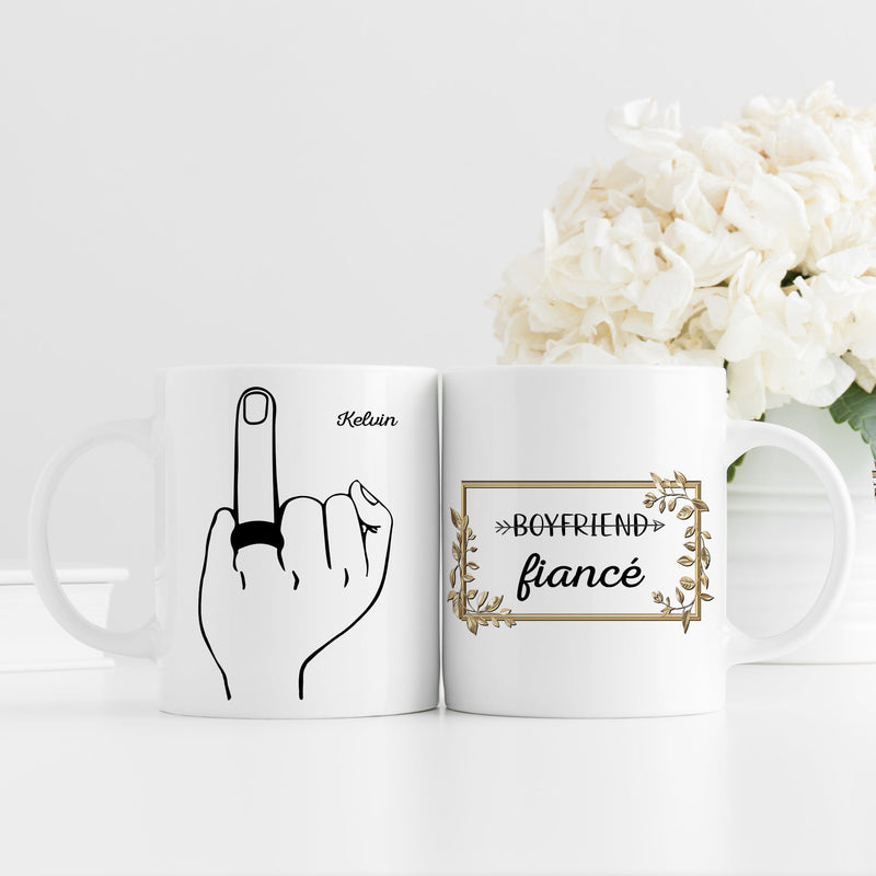 funny personalized boyfriend mug pair two white mugs one with line middle finger and ring and one with gold framed fiance text