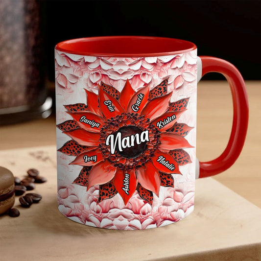 365Gifty personalized family keepsake mug gift red interior and handle floral sunflower design with Nana and names