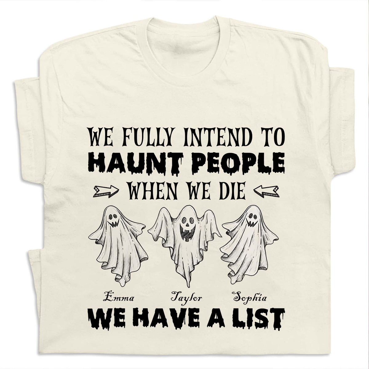 personalized Funny Halloween Ghost shirt cream tee with three cartoon ghosts and custom names Emma Taylor Sophia