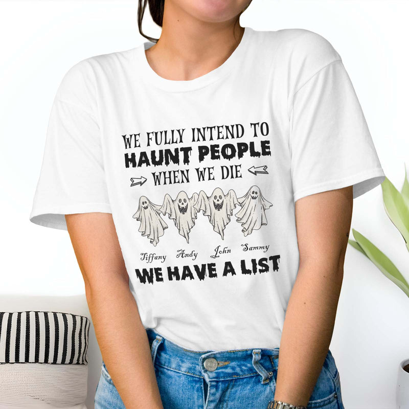 365Gifty personalized Funny Halloween Ghost shirt white tee with four cartoon ghosts and humorous quote