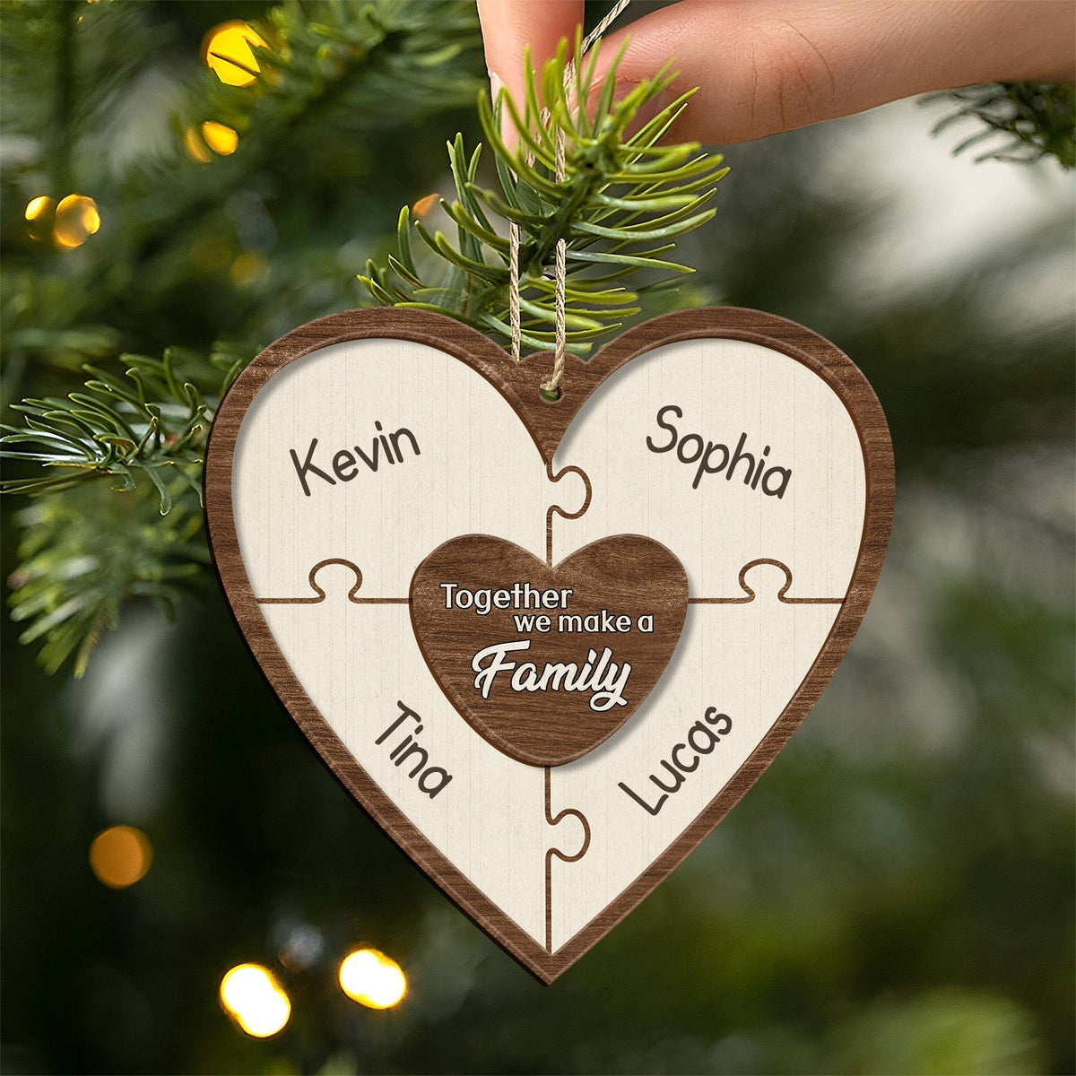 Personalized family Christmas ornament heart-shaped puzzle with names Kevin Sophia Tina Lucas from 365Gifty