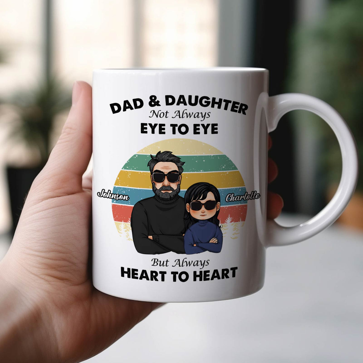 Coffee mug featuring a dad and daughter design with the text heart to heart dad gift