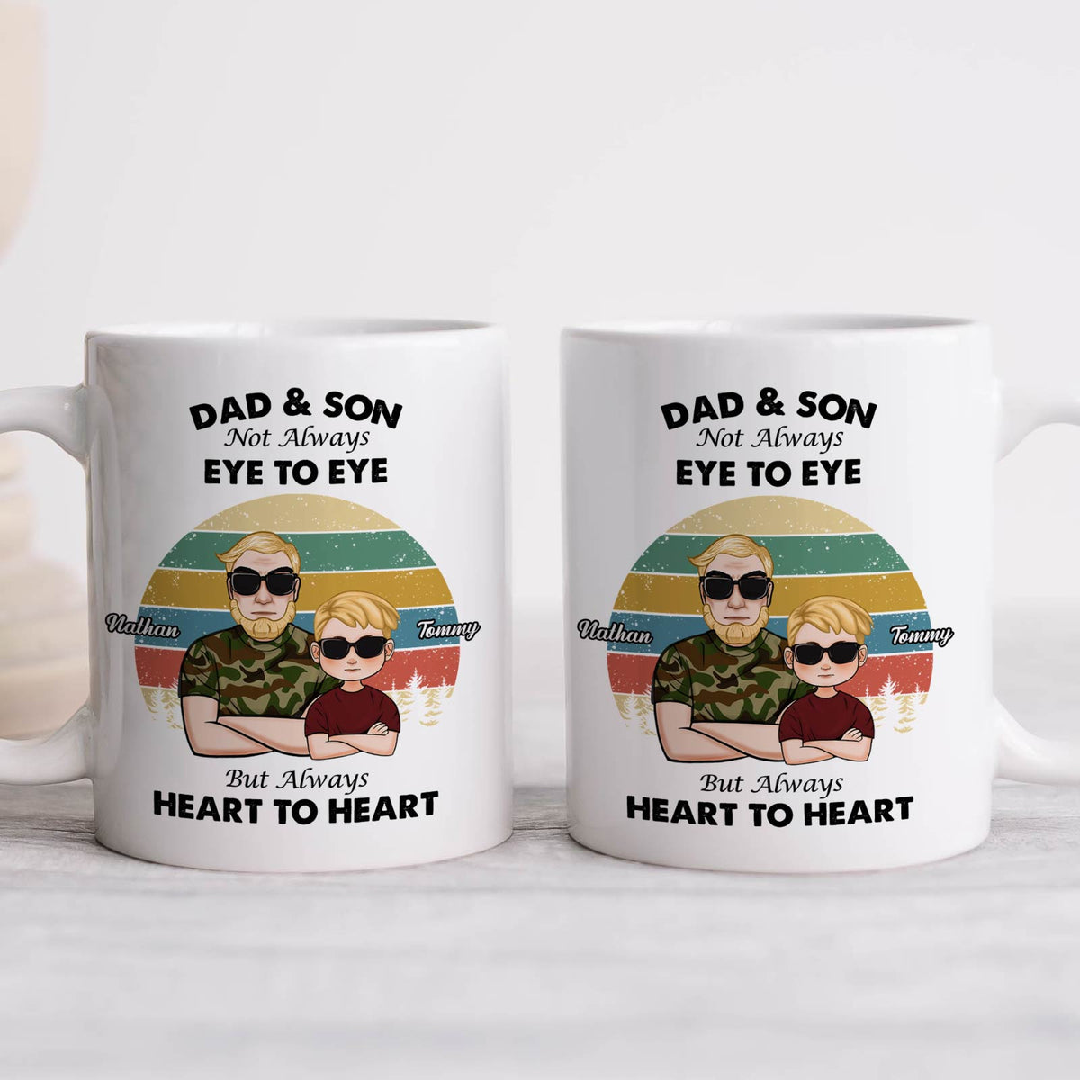Heart to heart dad gift coffee mugs featuring a dad and son design with a heartfelt message