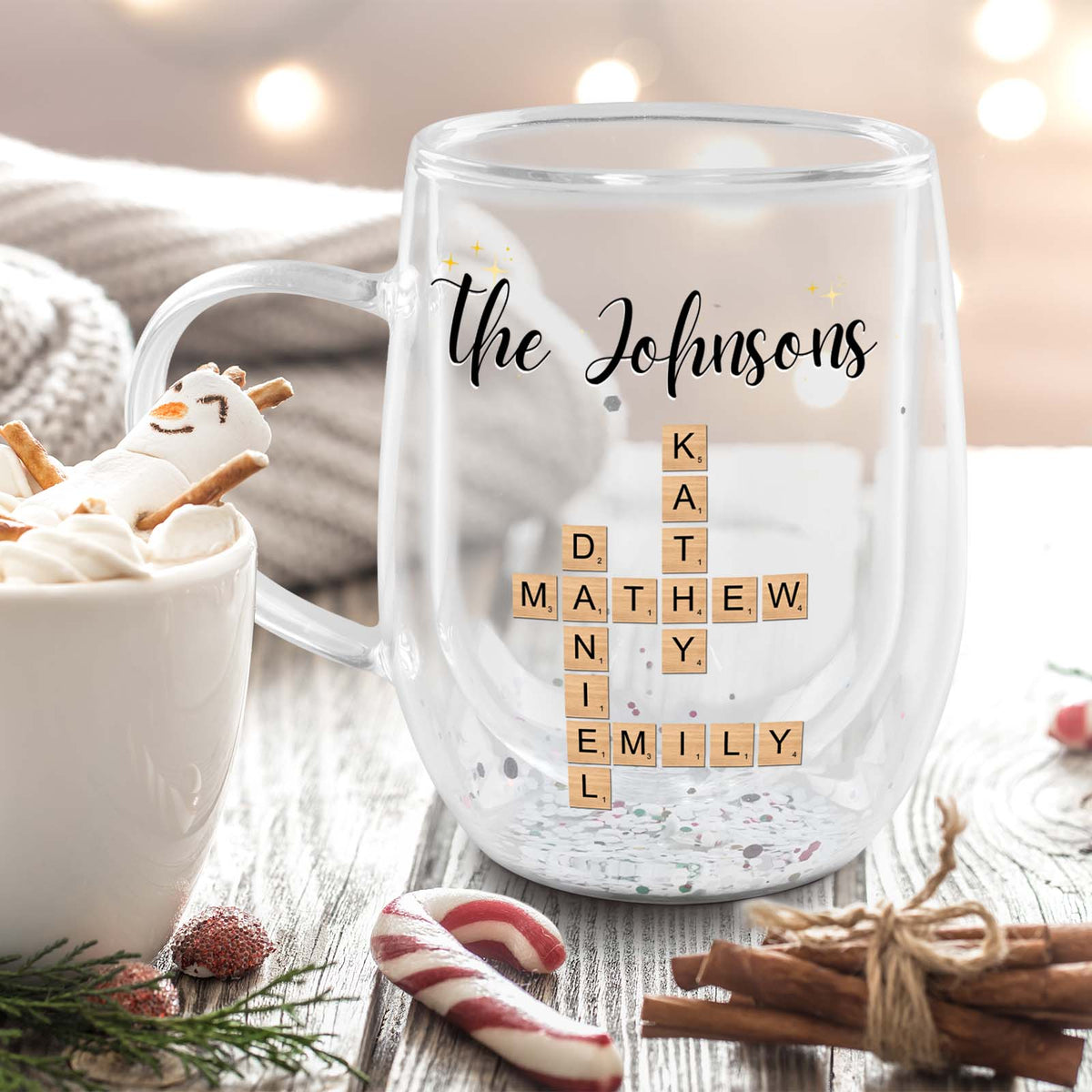 Personalized double walled mug gift for family featuring the Johnsons' names with cozy holiday decor