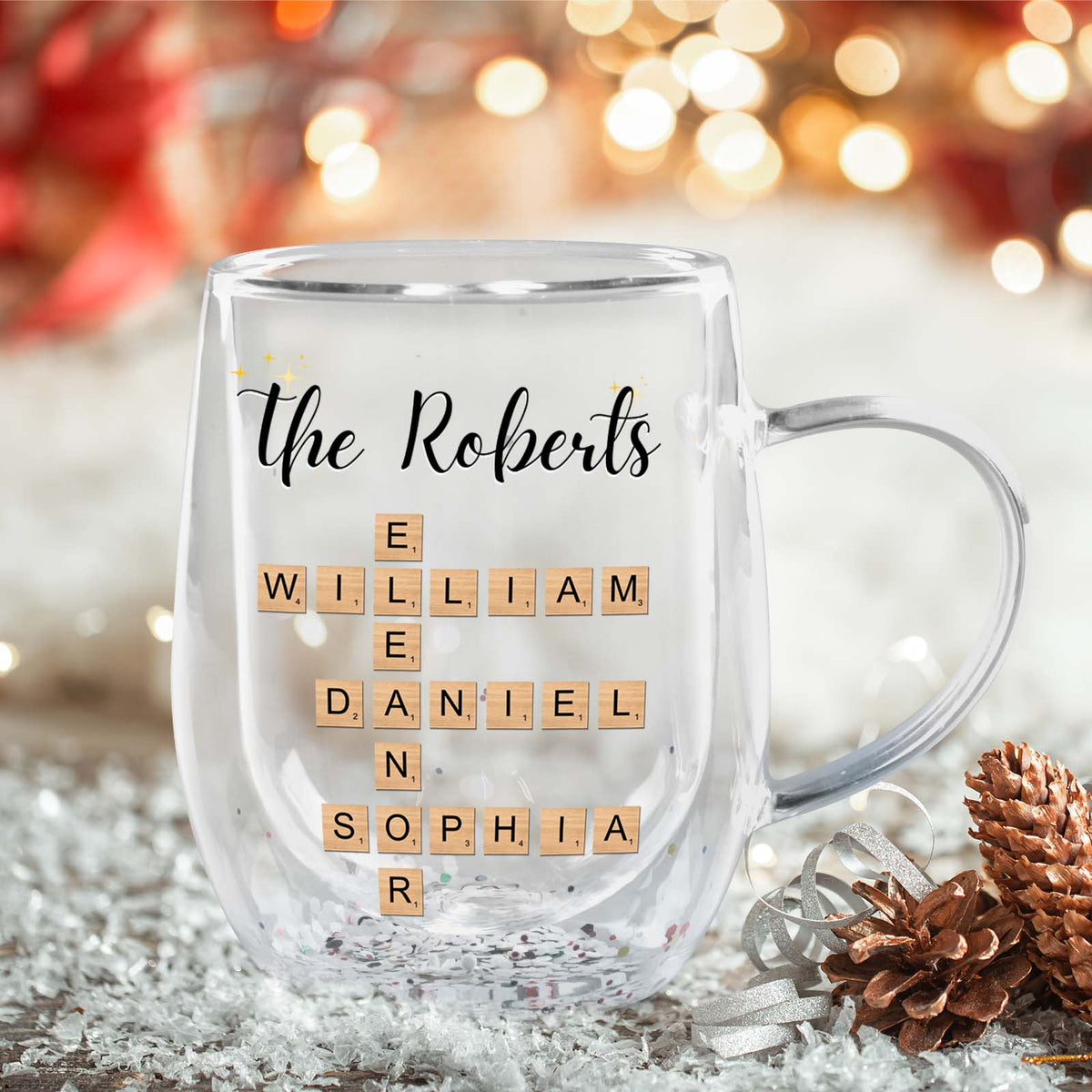 Personalized double walled mug gift for family with names in Scrabble tile style