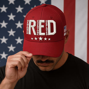 Embroidered Remember Everyone Deployed cap in red with a patriotic design and adjustable fit