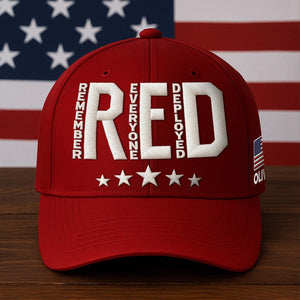 Red embroidered Remember Everyone Deployed cap with flag patch and bold lettering design