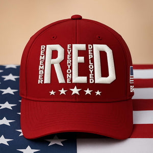 Embroidered Remember Everyone Deployed cap in red with stars and American flag detail