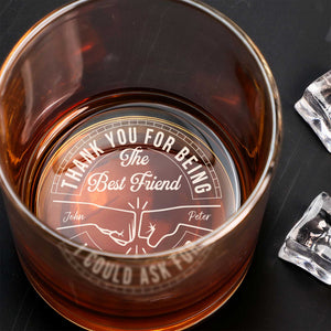 Personalized Whiskey Glass with engraved bottom message Thank You For Being The Best Friend and names John Peter