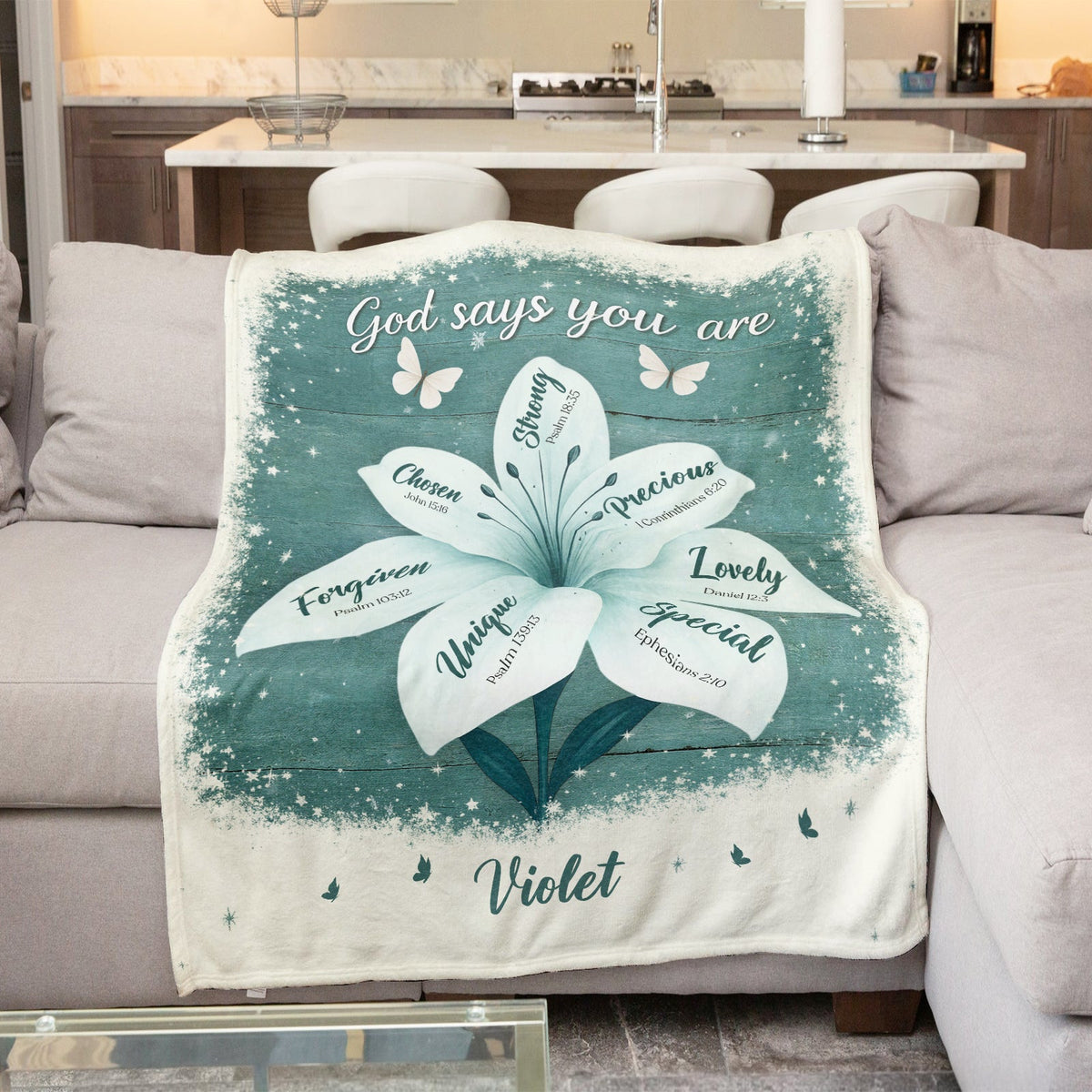 personalized Christian blanket teal floral lily design with God says you are inspirational petal words and name Violet