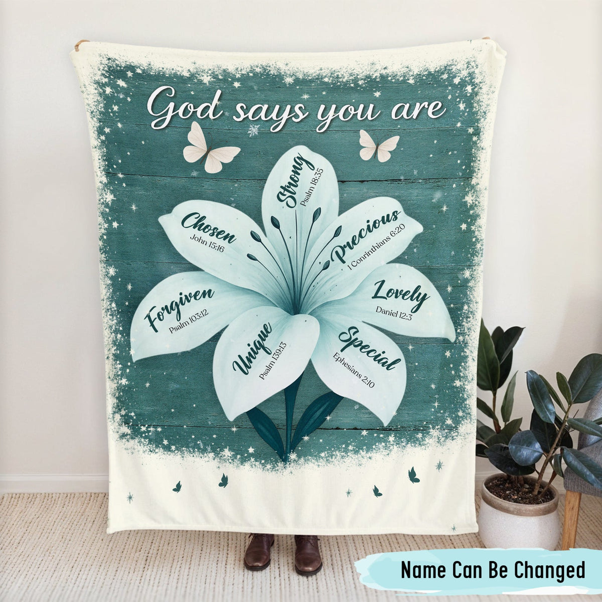 White ceramic mug with blue floral butterfly sisters design and names Sarah Linda Sophia personalized Christian blanket