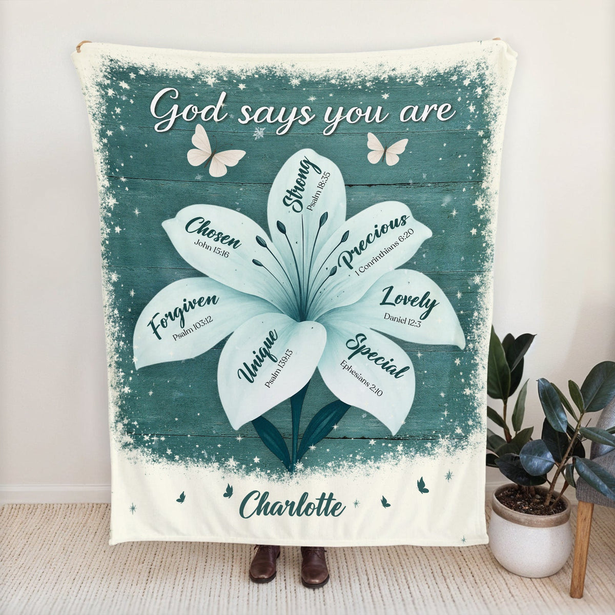 personalized Christian blanket teal floral design with scripture petals reading God says you are and custom name