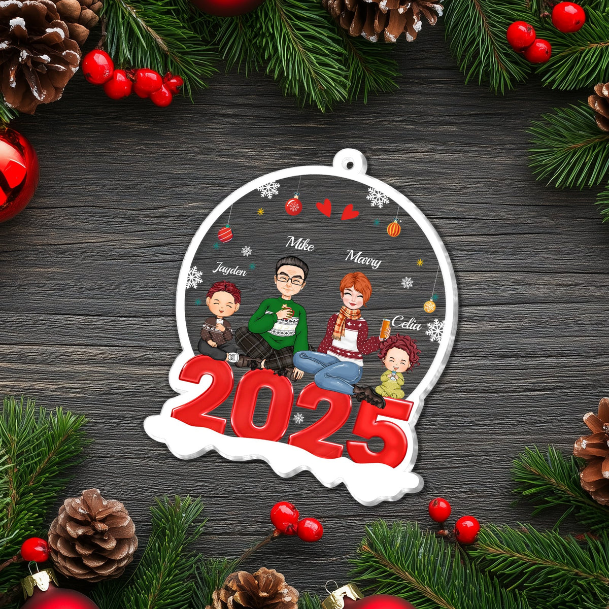 Personalized family Christmas tree decoration with cartoon figures and the year 2025