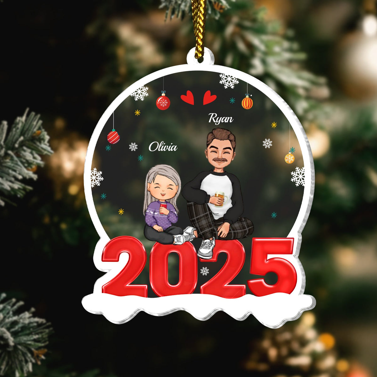 Custom family Christmas tree decoration featuring cartoon characters for 2025 with names Olivia and Ryan