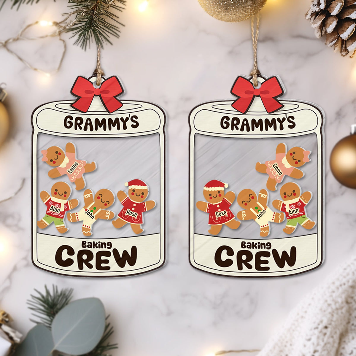 Grammy Baking Crew jar ornament with gingerbread family and red bow personalized shaking keychain for grandma