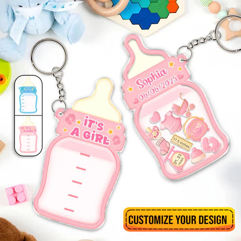 Personalized family keepsake baby announcement keychain in pink with customizable design